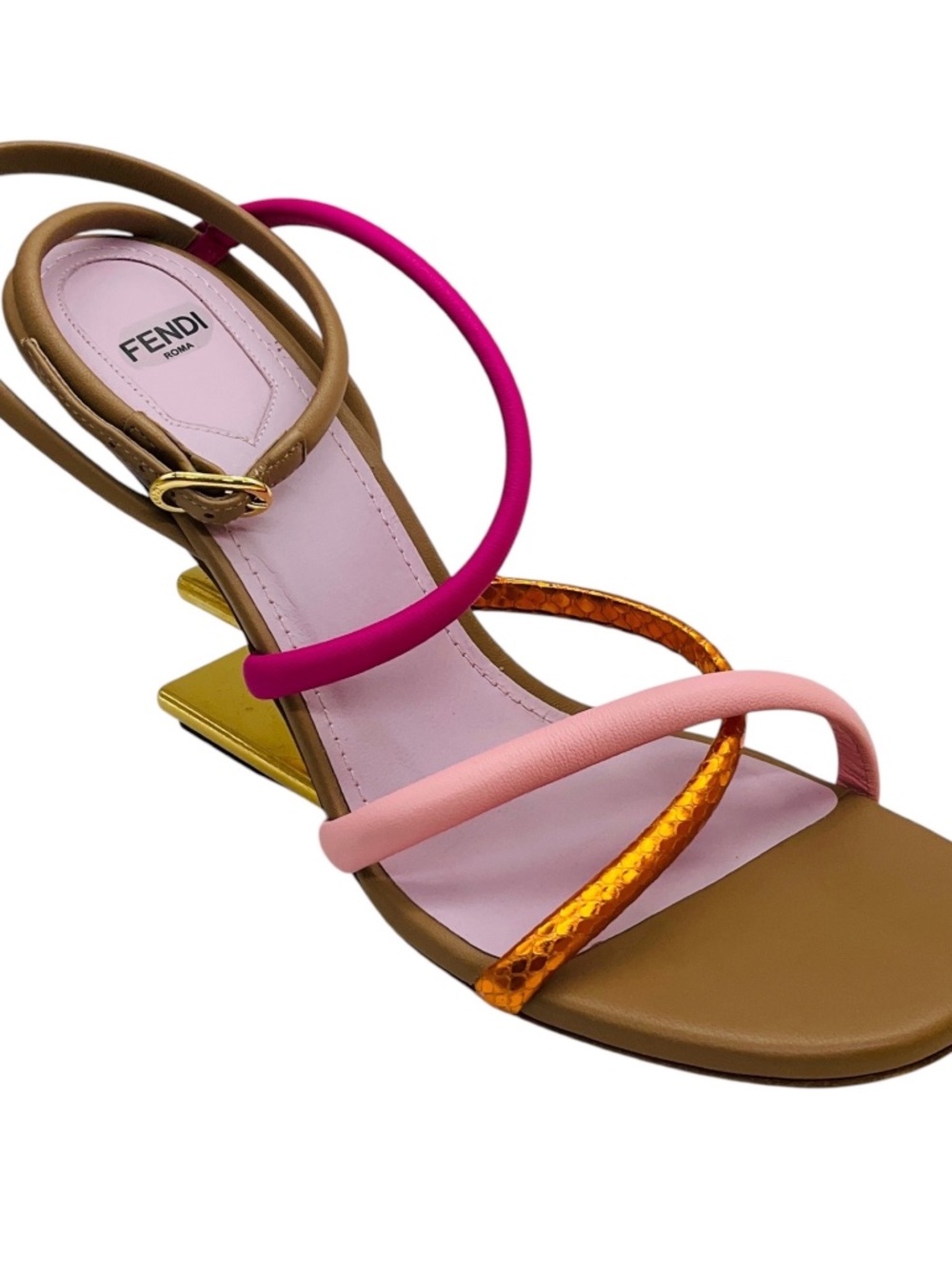 FENDI PINK / TAN MULTI FIRST F COLORBLOCK STRAPPY NAPA ARCHITECTURAL HEEL SANDAL - Picture 1 of 8